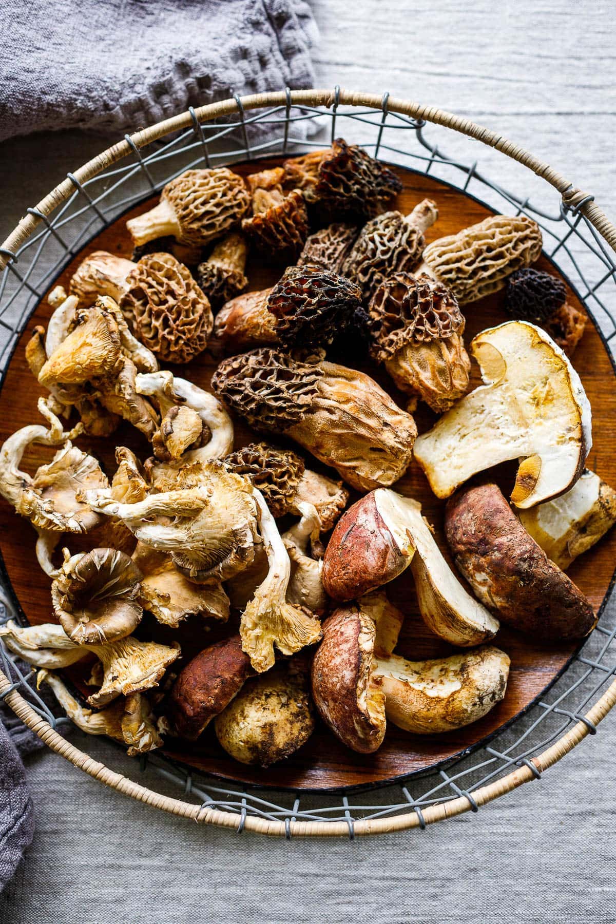 basket of wild mushrooms.