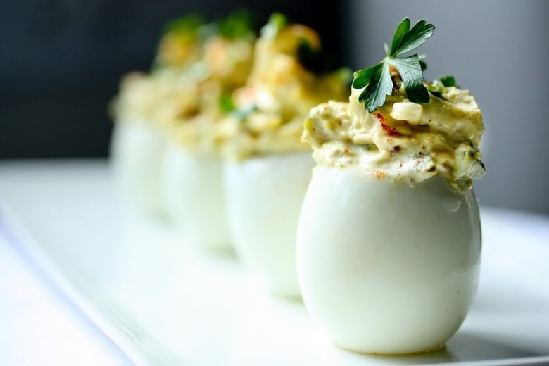 Deviled eggs served whole.