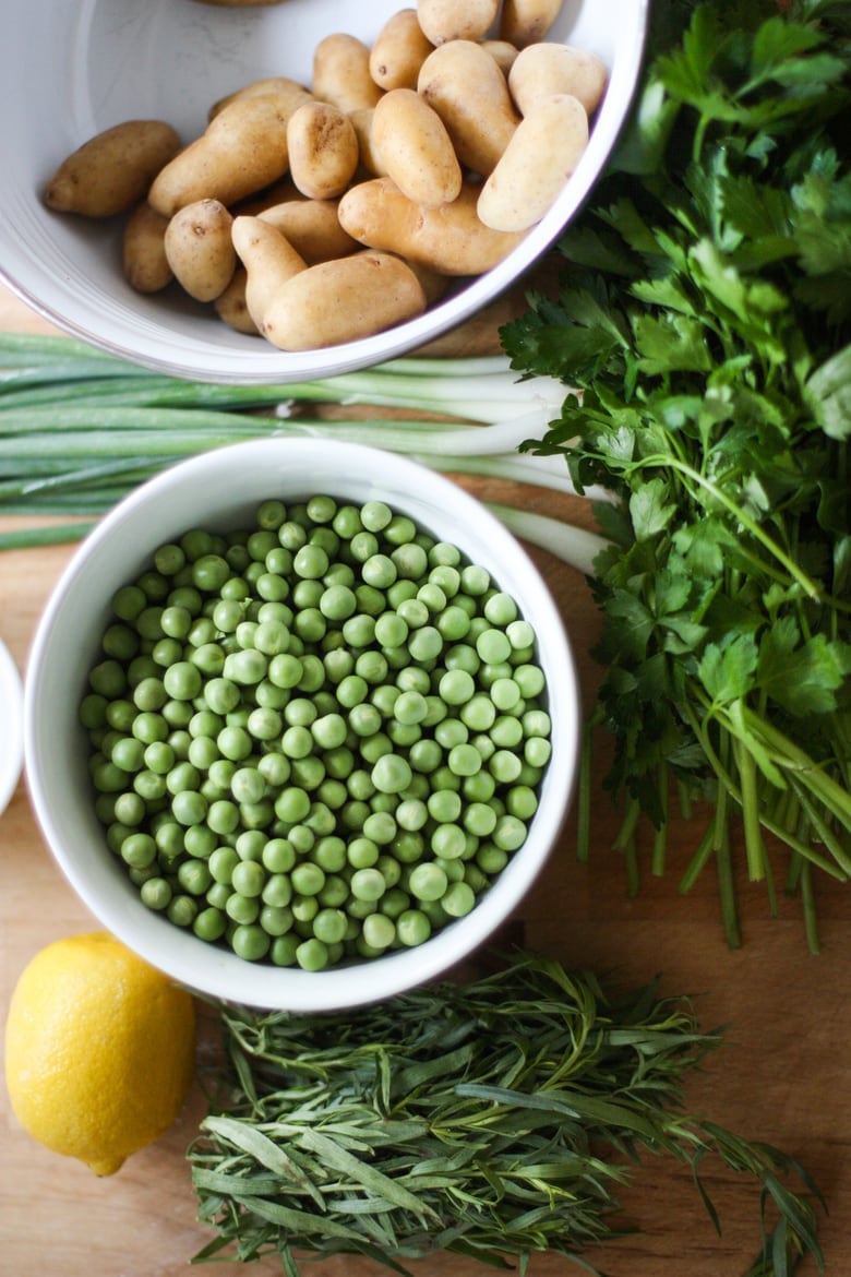 Spring Pea and Potato Salad with a Tarragon-Mustard Seed Dressing.