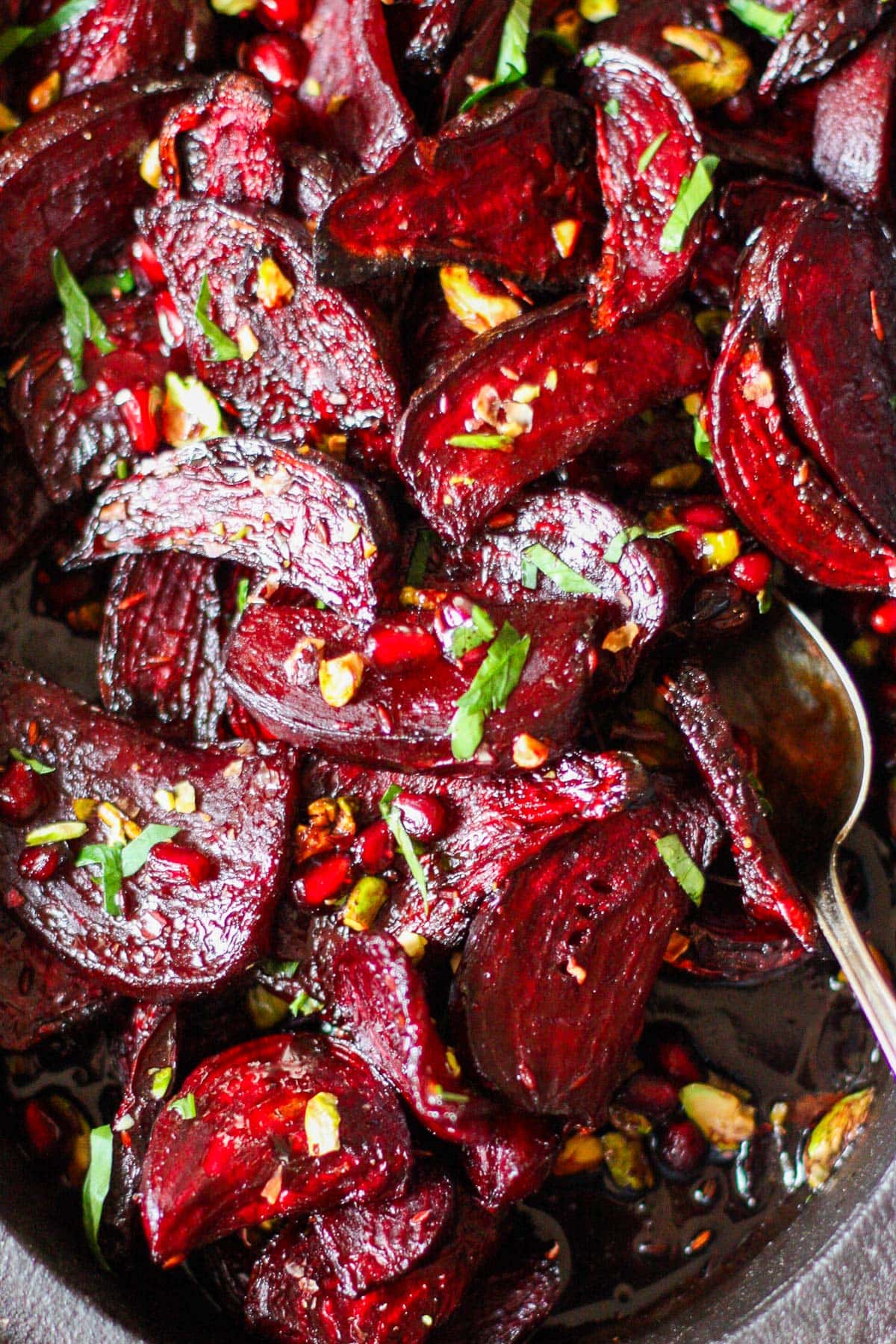 Moroccan roasted bets in a serving dish.