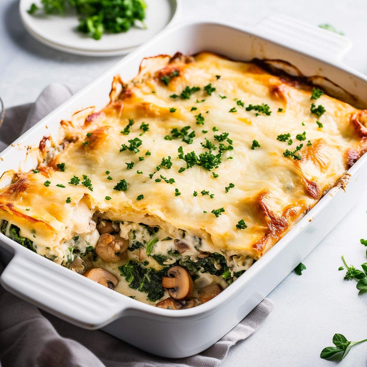 baked chicken lasagna out of the oven.