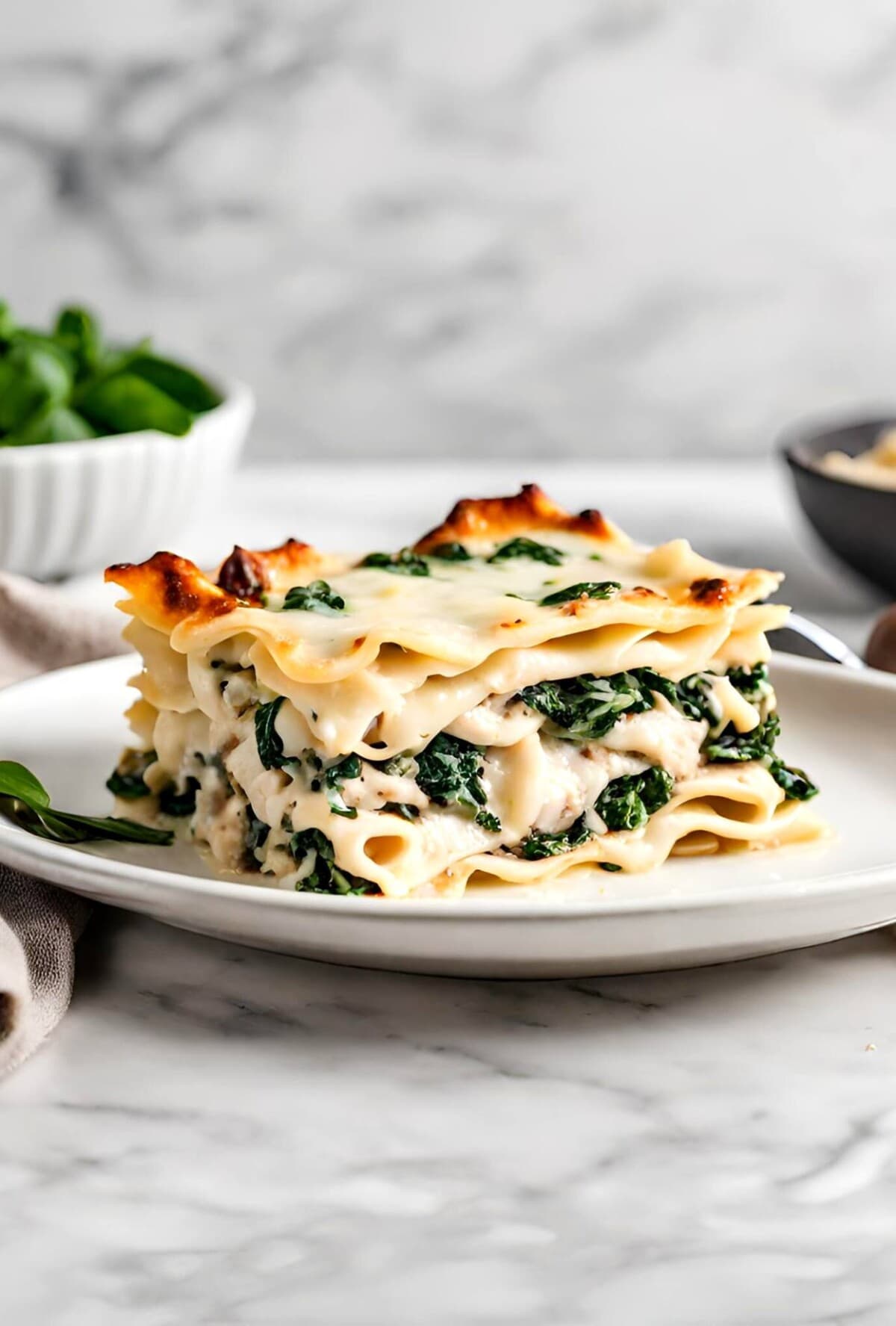 A delicious recipe for creamy Chicken Lasagna with mushrooms, spinach and rosemary layered with a creamy bechamel sauce. Vegetarian-adaptable. See notes for making ahead.