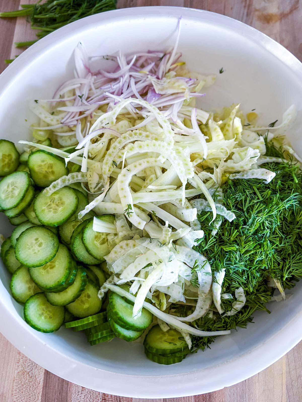 Fennel salad ingredients, prepped in a white bowl. 