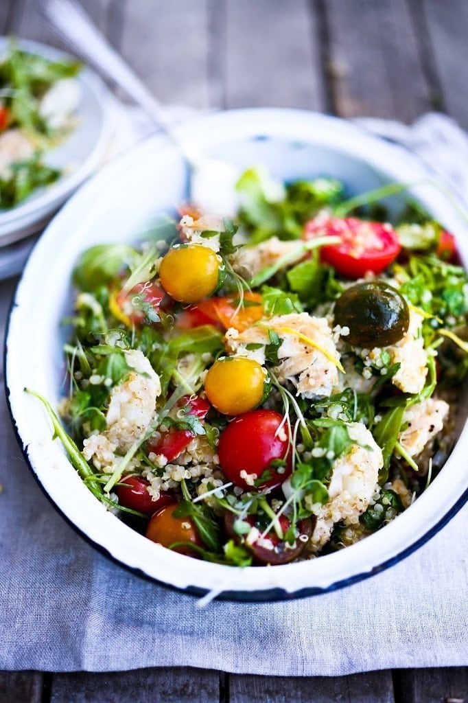 quinoa chicken salad in a whitle enamel bowl. 
