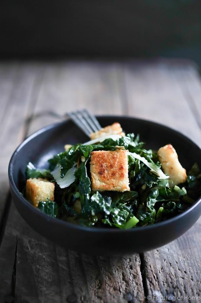 kale caesar recipe A simple healthy recipe for Kale Caesar Salad with Millet Croutons. The croutons are gluten free and fun to make! | www.feastingathome.com