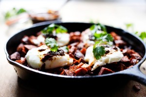 Sweet Potato Hash with Eggs and harissa paste