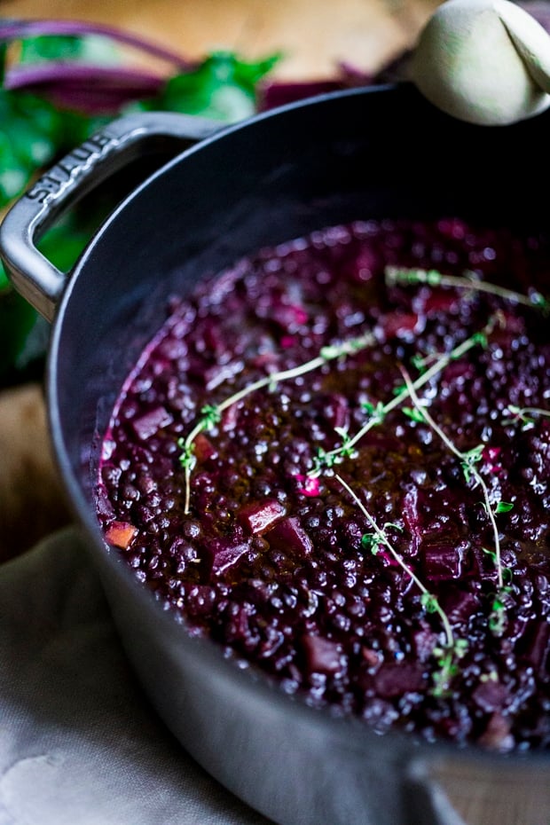 Lentils and Beet Soup - a healthy vegan stew or soup, that can be served on its own, or as a side dish to fish, chicken or meat. Vegan and Gluten free! #lentilsoup #veganlentilsoup #beets #lentilsandbeets #glutenfree #vegan #lentilsouprecipe