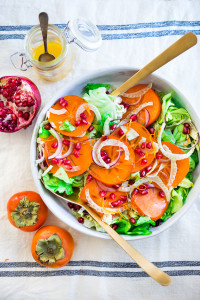 Bright and joyful, this refreshing Persimmon Salad is made with seasonal Fuyu Persimmons, butter lettuce, pomegranate seeds, and shaved fennel tossed in a cheery citrus dressing.