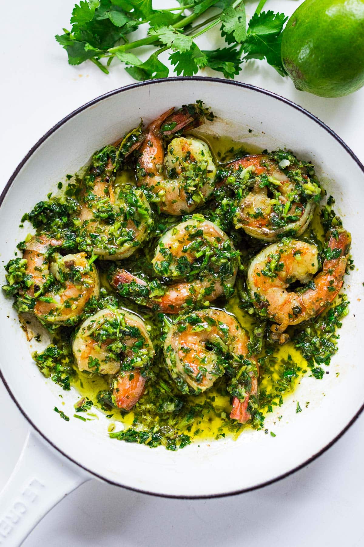 Chimichurri Shrimp in a skillet.