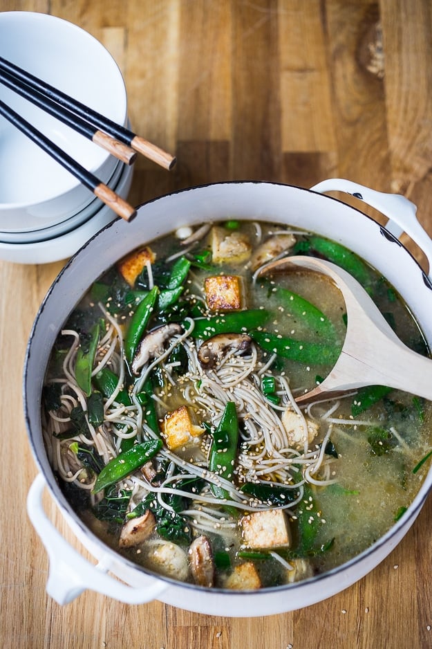 Soba Noodle Soup with Shiitakes, snow peas and tofu. Vegan and GF |www.feastingathome.com Sesame Soba Noodle Soup with Shiitakes, snow peas and tofu. Vegan and GF |www.feastingathome.com