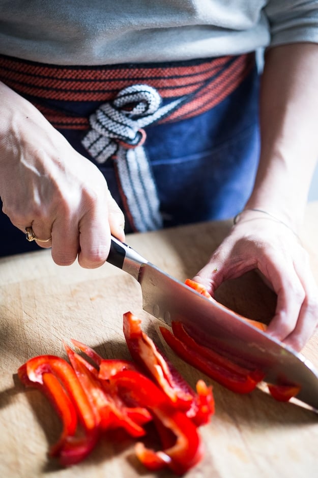 slicing bell pepper for hand rolls. 
