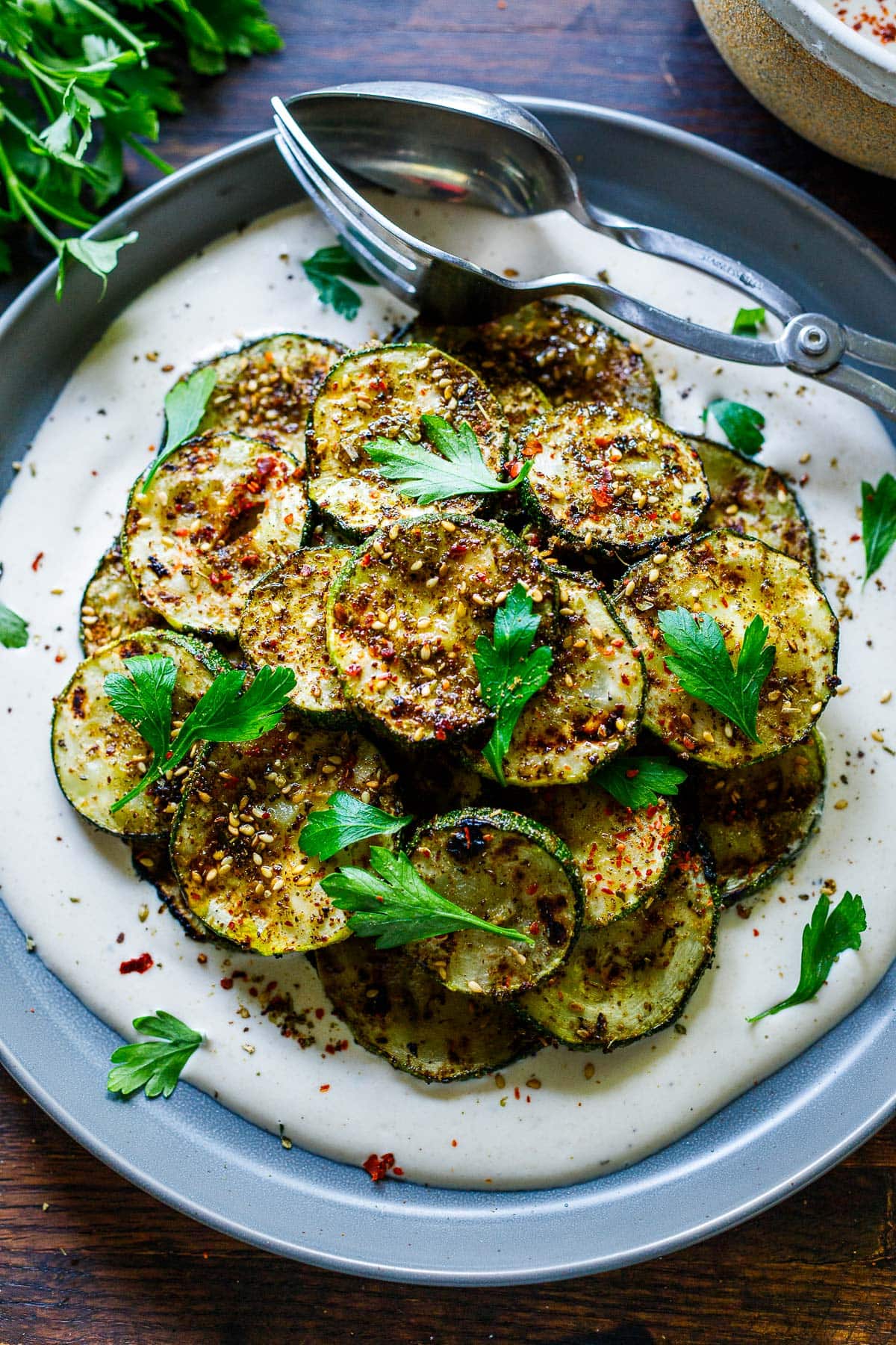 Grilled zucchini on a platter.