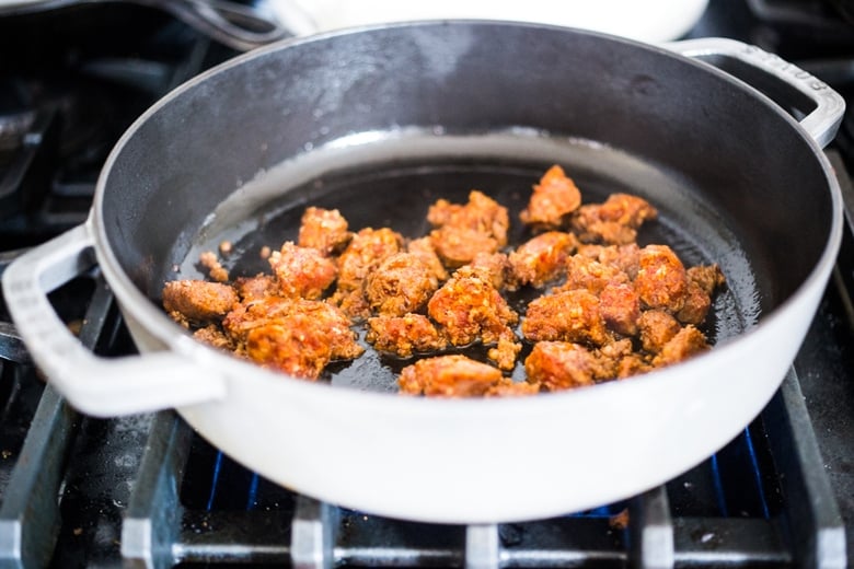 Browning the chorizo.