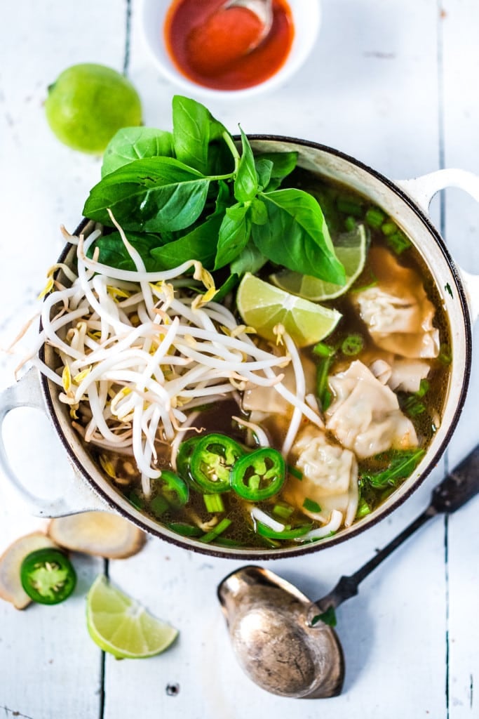 This lightning-speed Wonton Soup is made with a flavorful Vietnamese pho broth. Make it in 15 minutes flat! Vegan adaptable. 