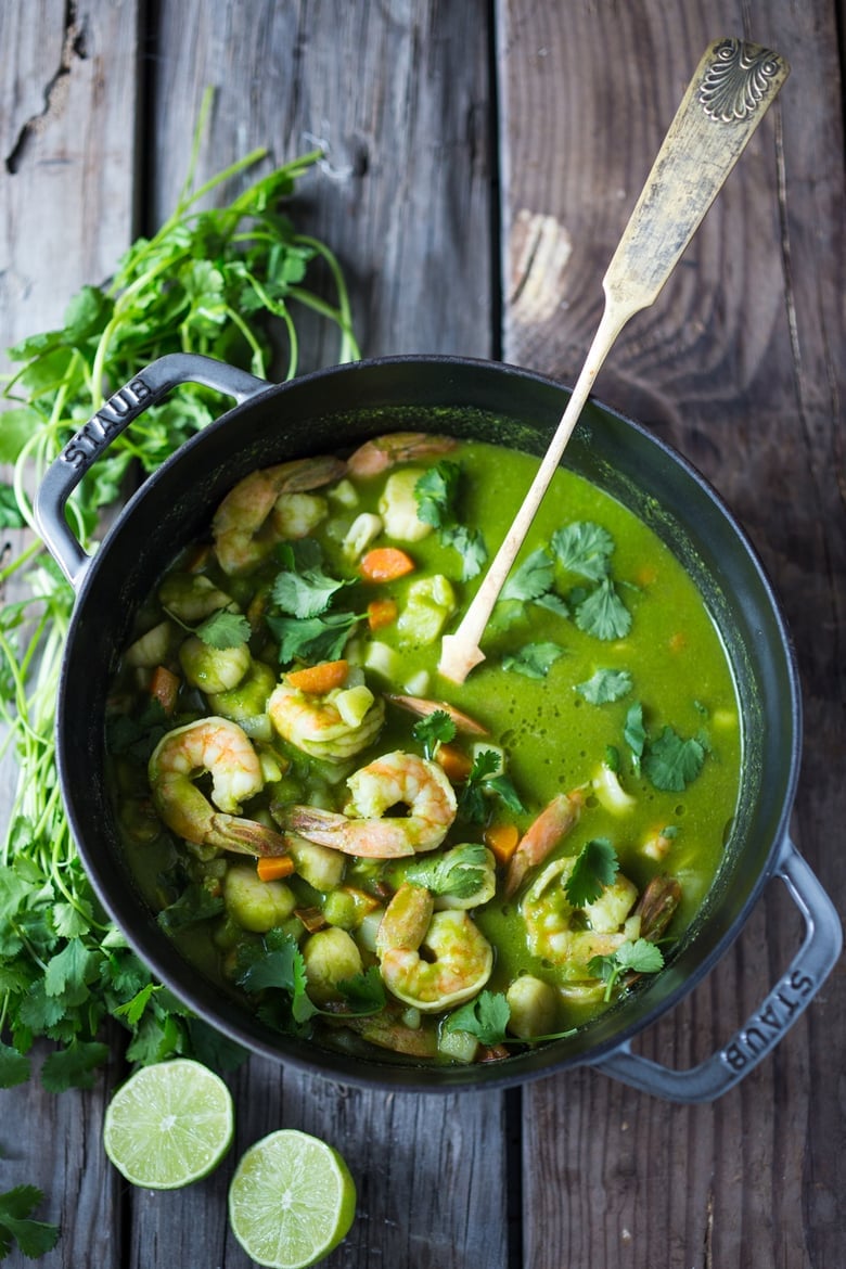 A delicious recipe for Peruvian Seafood Stew with Cilantro Broth, with potatoes and carrots. Healthy, Gluten free, Easy... and can be made in 35 minutes! | www.feastingathome.com