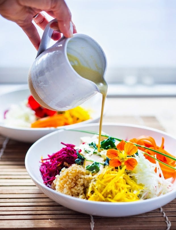Our 25 BEST Vegan Buddha Bowls! Our 25 BEST Vegan Buddha Bowls!|Vegan Sunshine bowl with raw veggies and Creamy SunflowerSeed Tahini Sauce | www.feastingathome.com