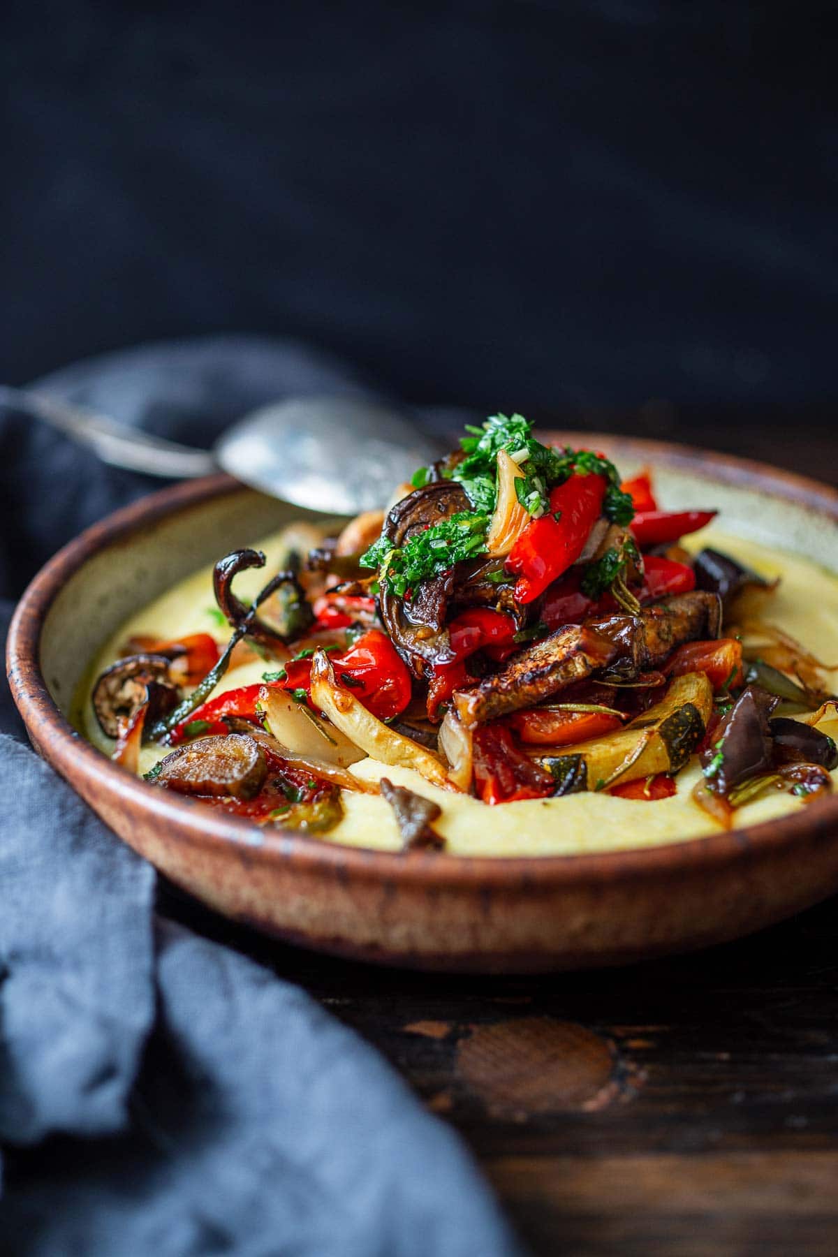 Sheet pan Ratatouille served over polenta. 