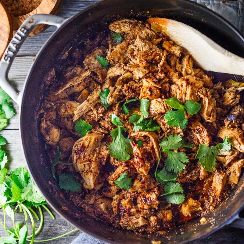 chicken carnitas in a dutch oven.