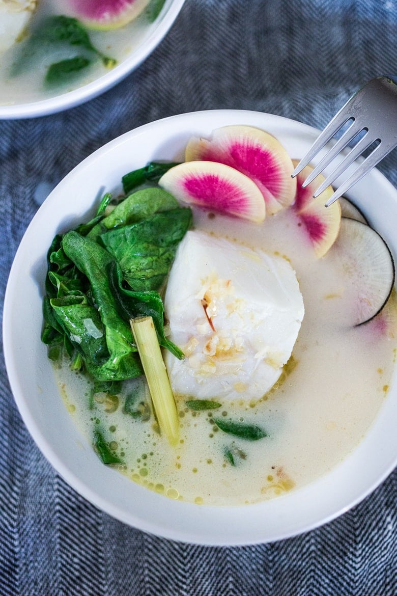 Poached Cod in Lemongrass Broth over Baby Spinach ...a fragrant, low carb, low calorie dinner that can be made in under 30 minutes. | www.feastingathome.com
