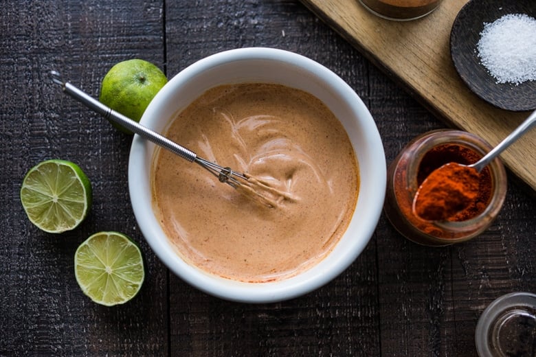 Simple Chipotle Mayo ( aka Mexican Secret Sauce) - a fast and easy 5 minute-sauce to give meals a huge BURST of flavor! Vegan adaptable & Gluten-free. #chipotlemayo #tacosauce #spicymayo #mayo #mexicanmayo