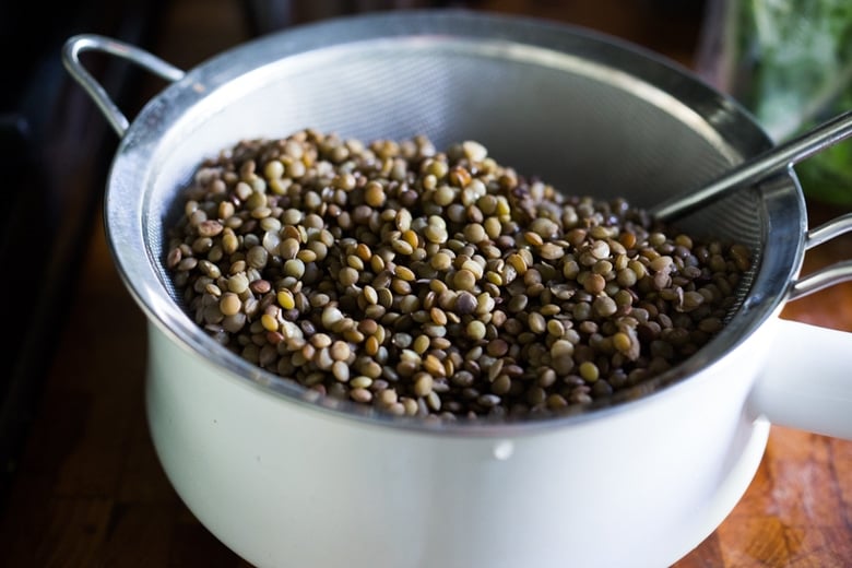 cooked lentils in a pot