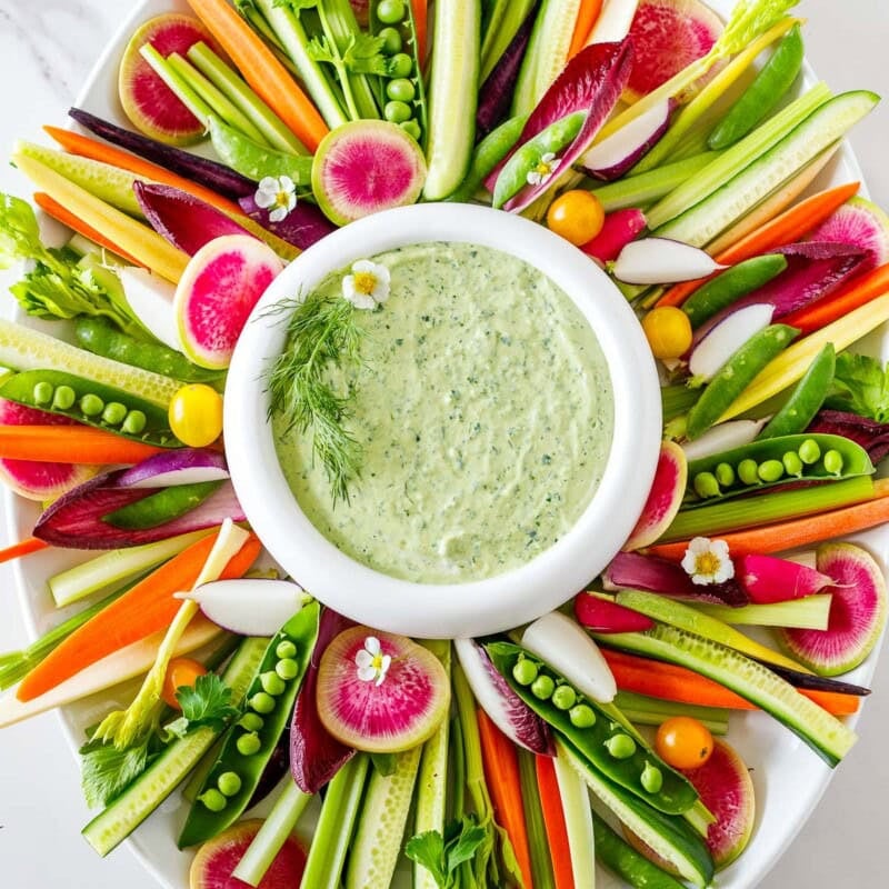 Creating a beautiful crudité platter is simple and easy! It's a delicious and healthy appetizer idea made with cut vegetables and dip, a fun way to incorporate more vegetables into our diet! Vegan and Gluten Free!