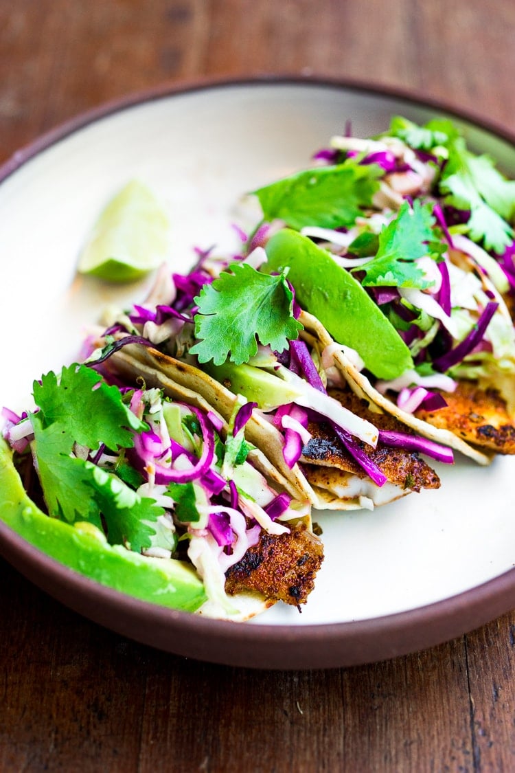 Best fish tacos These Fish Tacos with Cilantro Lime Cabbage Slaw are quick, easy, and have the BEST Flavor! Pan-sear, grill or bake in under 30 minutes. Vegan-adaptable swapping tofu for the fish! Video.