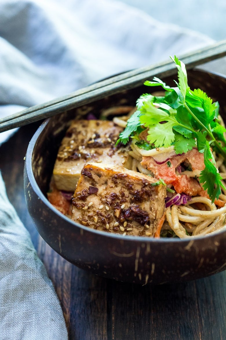 Vegan Thai Noodle Salad with baked tofu and peanut sauce.
