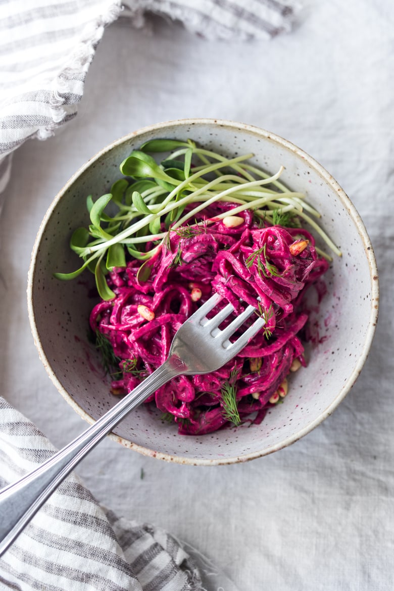  beet noodles in a bowl. 