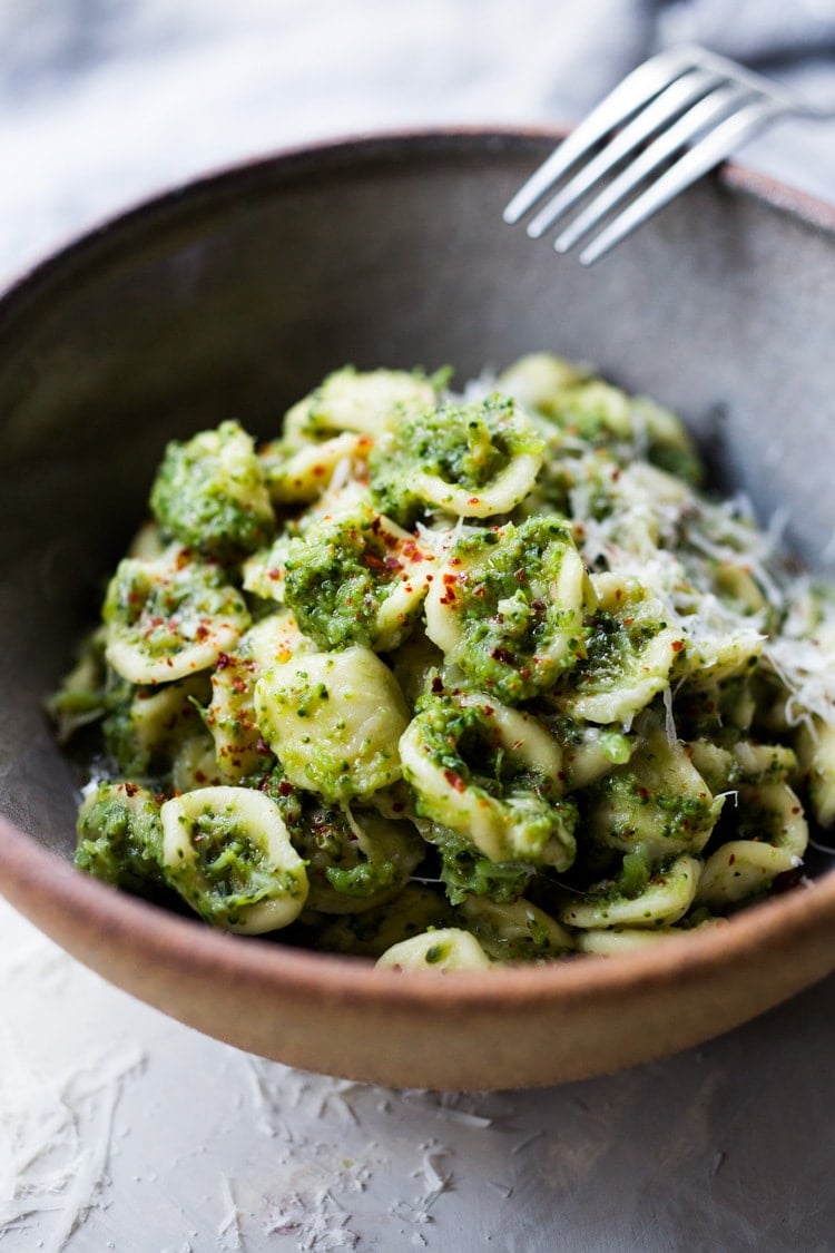  Broccoli pasta recipe, called pasta con broccoli, in a bowl. 