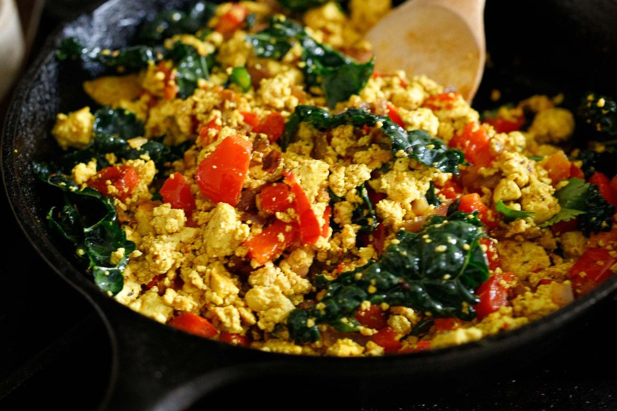 adding veggies to the tofu scramble recipe.