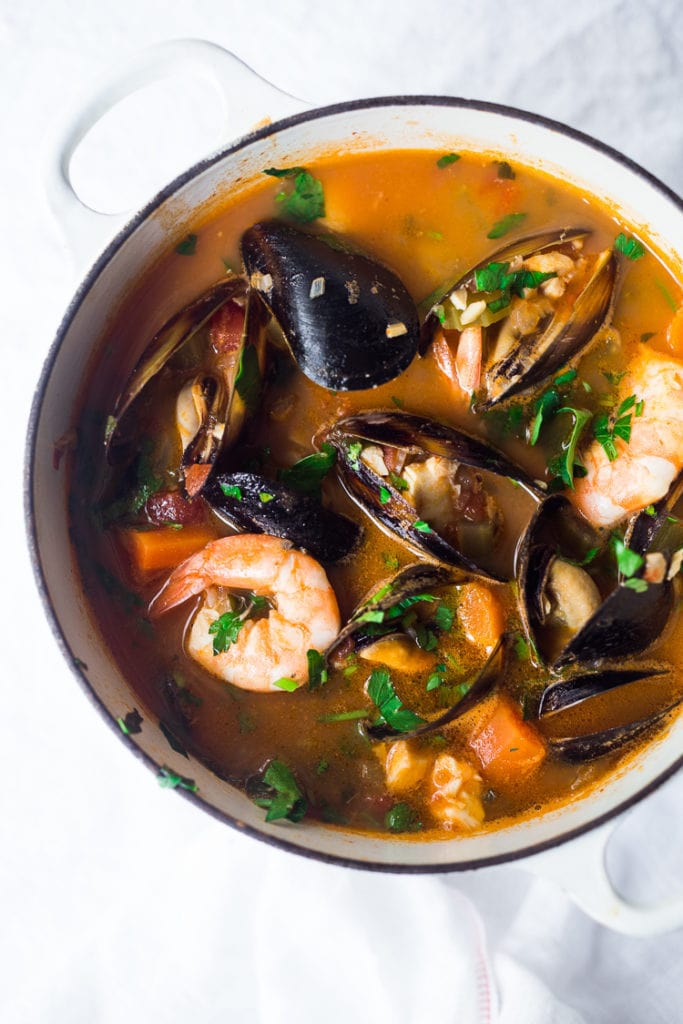 cioppino in a pan. 