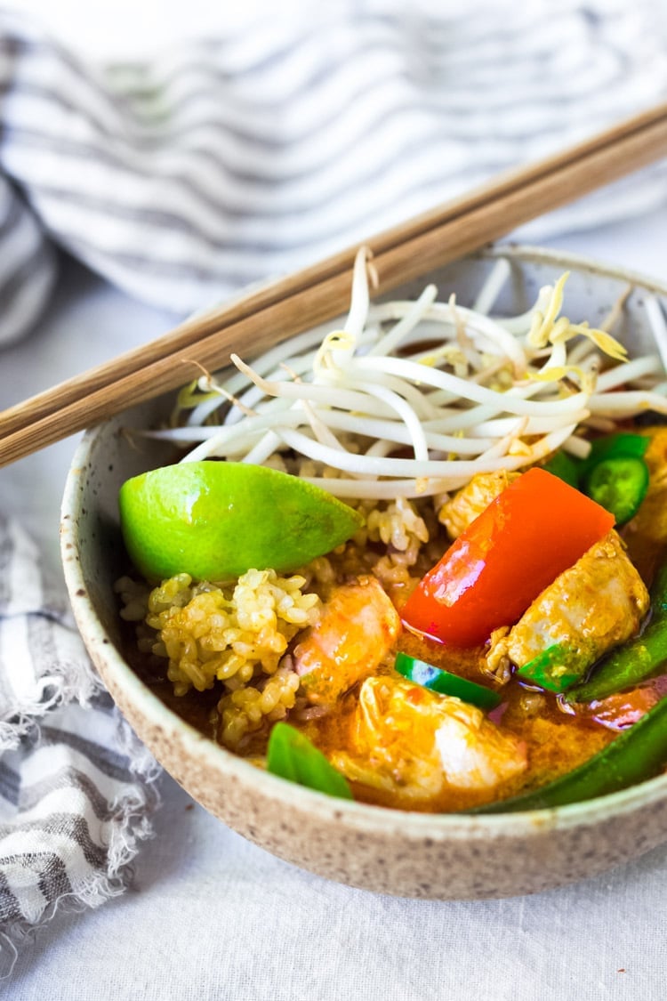20 Ethnic-Inspired, Instant Pot Recipes from around the world!| Our 25 Best Instant Pot Recipes! | A simple delicious recipe for Instant Pot Thai Curry Chicken, that can also be made on the stove top. This flavorful meal is full of healthy seasonal veggies and can be made in 25 minutes! Serve it over rice, quinoa or rice noodles - and save the amazing leftovers for lunch!