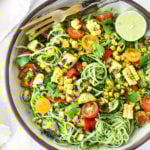 Summer Pasta Salad with Zucchini, Corn and Cilantro Pesto in a bowl,