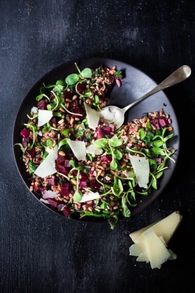 Beet and Farro Salad | A simple fall-inspired recipe for Farro Salad with Beets and their tops!  This healthy, vegan adaptable salad can be made ahead for midweek meals and can be served warm or chilled. #beetsalad #fallsalad #vegansalad #farrosalad #farro #beets