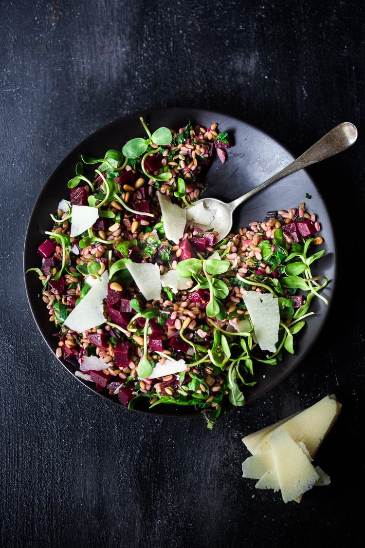 Beet and Farro Salad | A simple fall-inspired recipe for Farro Salad with Beets and their tops!  This healthy, vegan adaptable salad can be made ahead for midweek meals and can be served warm or chilled. #beetsalad #fallsalad #vegansalad #farrosalad #farro #beets