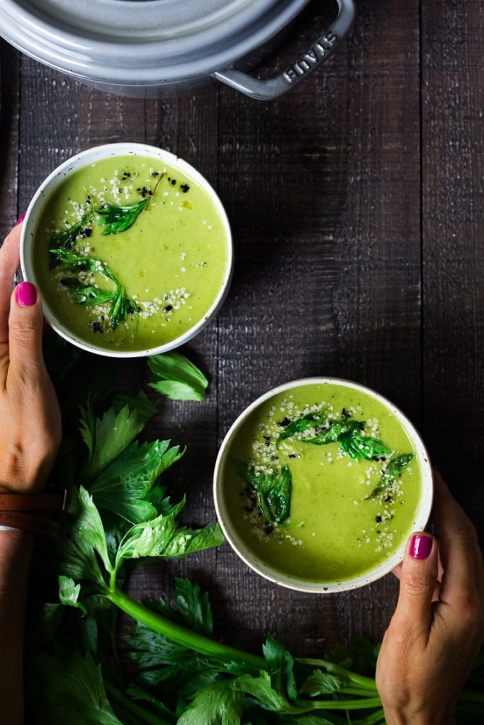 Celery soup in bowls.