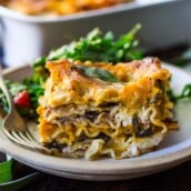 This Butternut Squash Lasagna recipe is a cozy and heartwarming vegetarian meal, made with a creamy roasted butternut squash sauce, no-boil noodles, mushrooms, spinach, ricotta, and crispy sage. Video + Vegan-adaptable.