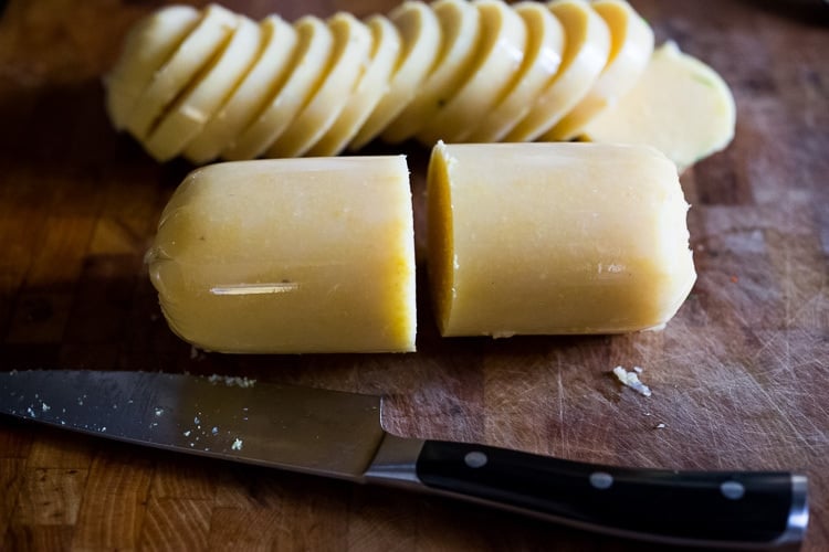 slicing polenta.