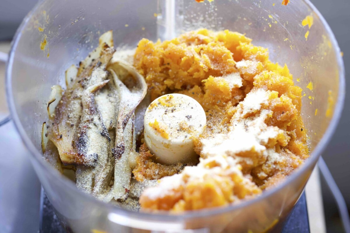 butternut and onions in a food processor.