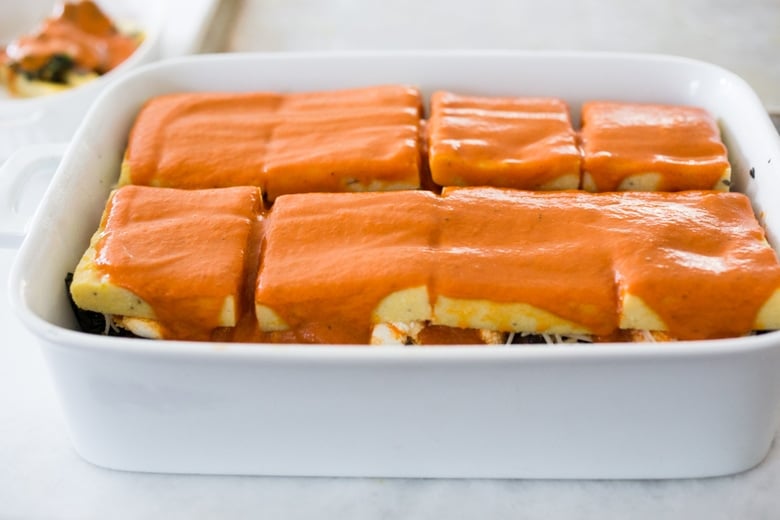 assembling the lasagna - adding the sauce.