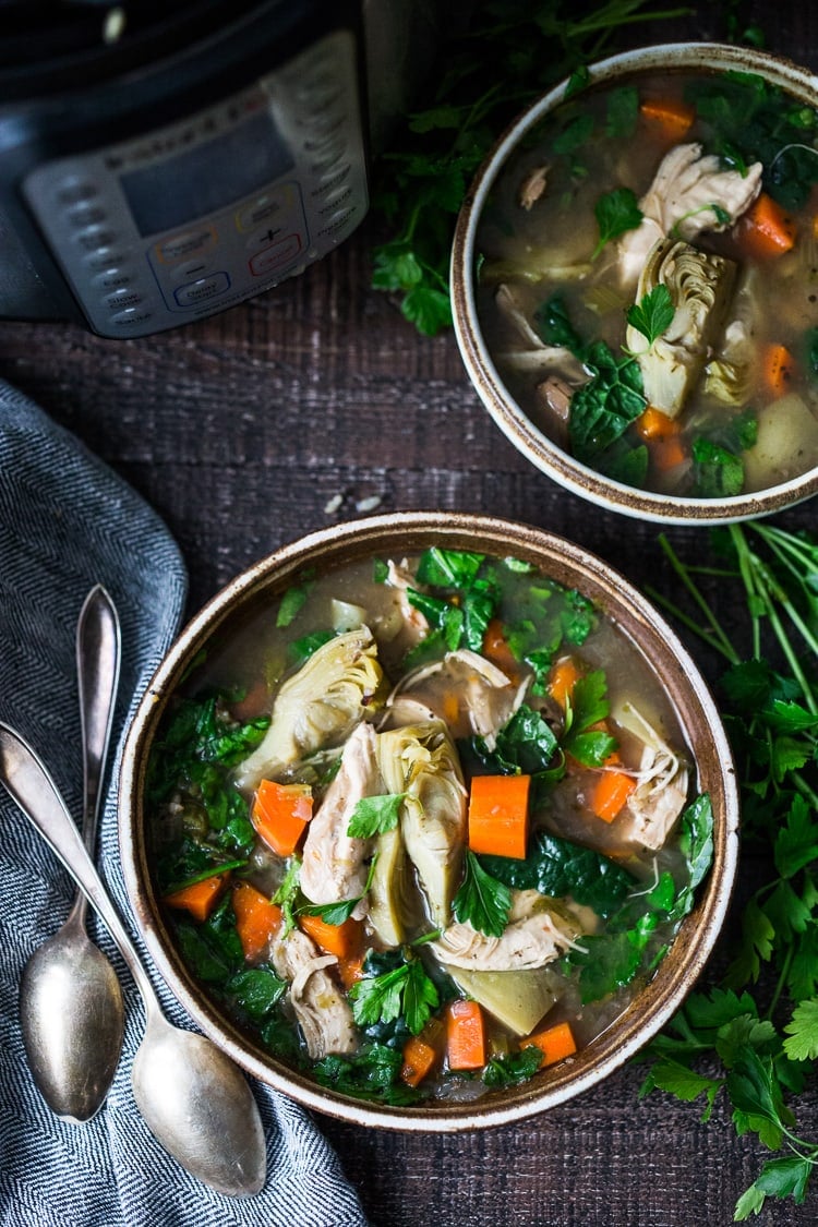 best instant pot recipes 20 Ethnic-Inspired, Instant Pot Recipes from around the world!| Instant Pot Chicken Artichoke Soup with Wild Rice - a light, healthy and brothy soup with vegetables, wild rice and artichoke hearts with only 15 minutes of hands on time! A quick and easy dinner recipe! Keto friendly! #chickensoup #chickenwildricesoup #instantpotrecipe #instantpotsouprecipe #brothbasedsoup #artichokesoup #easysoup #easydinner #ketosoup