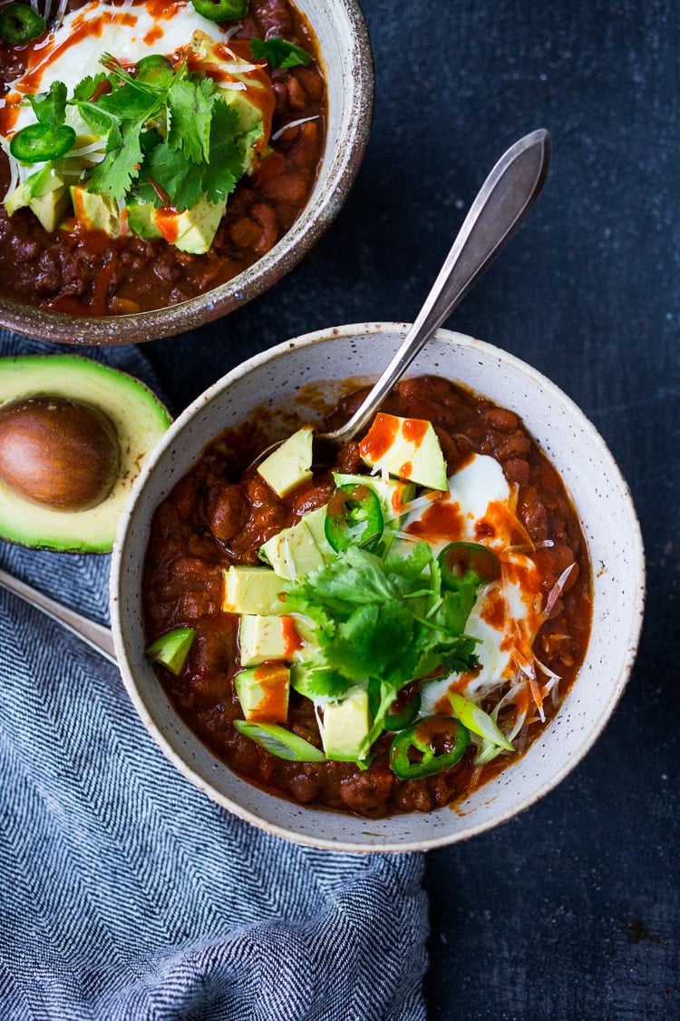 Instant Pot Beef Chili with Dry Beans in a bowl.