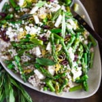 Spring Asparagus Salad with Israeli Cous Cous ( or use a grain!) kalamata olives, feta, lemon zest and mint with a lemony dressing. #asparagus #asparagussalad