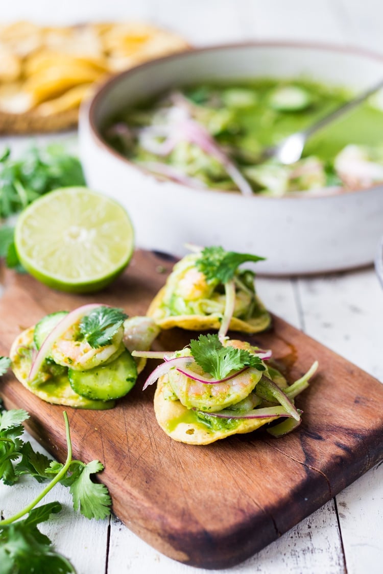 Authentic Aguachile Recipe! Similar to ceviche, shrimp is cooked in a mixture of lime juice, chiles and cilantro. Flavorful, simple and sooooo delicious! #aguachile #shrimp #verde #ceviche #Mexican