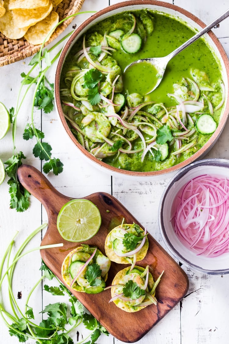 Authentic Aguachile Recipe! Similar to ceviche, shrimp is cooked in a mixture of lime juice, chiles and cilantro. Flavorful, simple and sooooo delicious! #aguachile #shrimp #verde #ceviche #Mexican