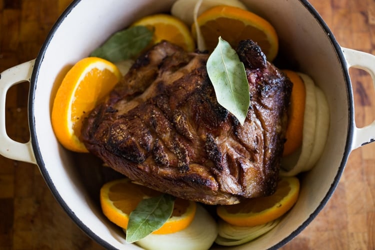Assembled barbacoa in a Dutch Oven.
