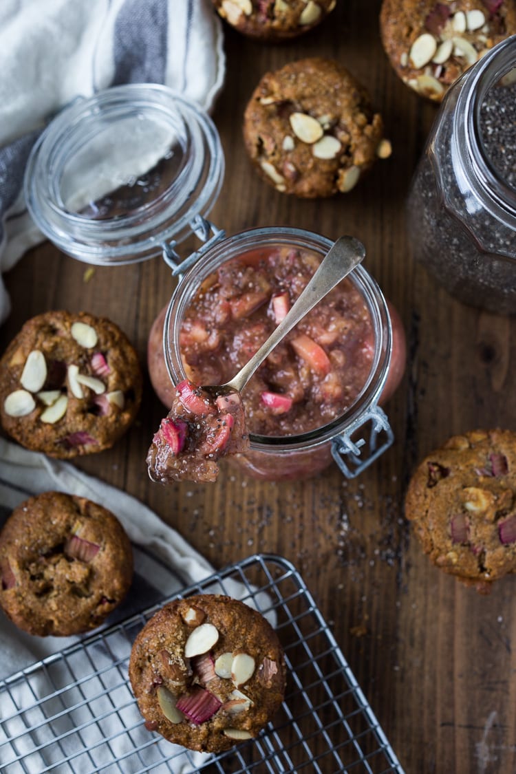 Rhubarb Jam with Chia Seeds and Maple Syrup - a fast and easy small-batch recipe for the most flavorful rhubarb jam, made with no sugar! Use this on morning yogurt, granola, almond butter toast or ice-cream!  #rhubarbjam #chiajam #rhubarb #rhubarbrecipes #paleo #paleojam #sugarfree