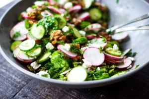 Persian Walnut Salad with Cucumbers, Radishes, Mint, Dill, Cilantro and Parsley. Loaded up with fresh herbs this refreshing summer salad is the perfect side to summer grilling! #walnuts #cawalnuts #walnutsalad #persiansalad #herbsalad #persianherbsalad
