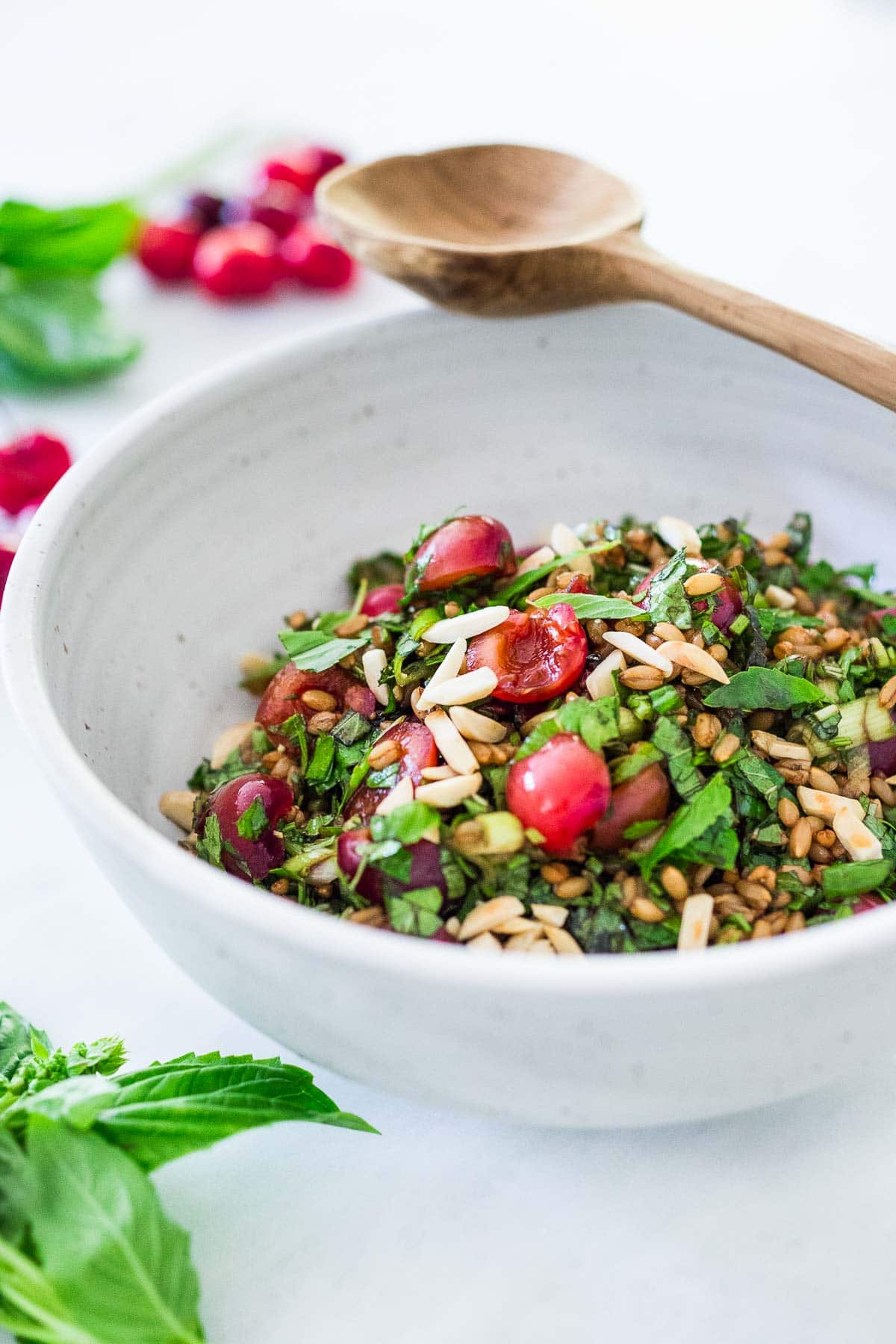 Pickled Cherry Salad in a white bowl.